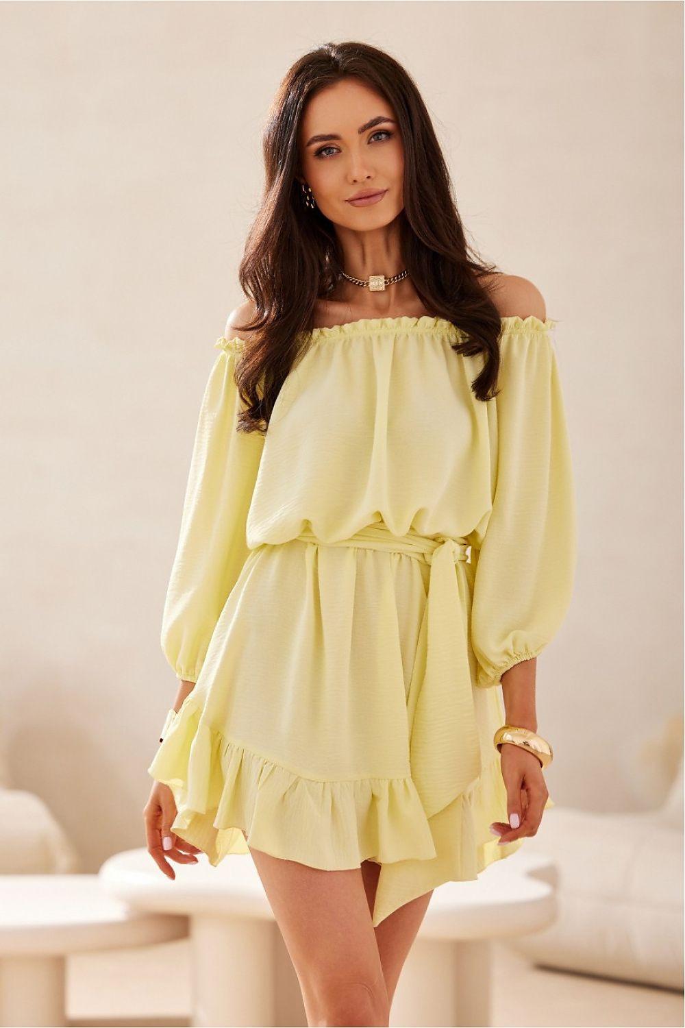 Yellow off-shoulder daydress with puff sleeves and tiered ruffle hem