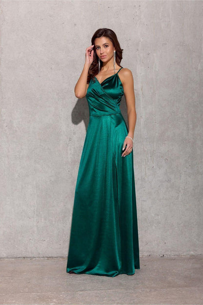Teal satin maxi dress with cross-front neckline and flowing skirt