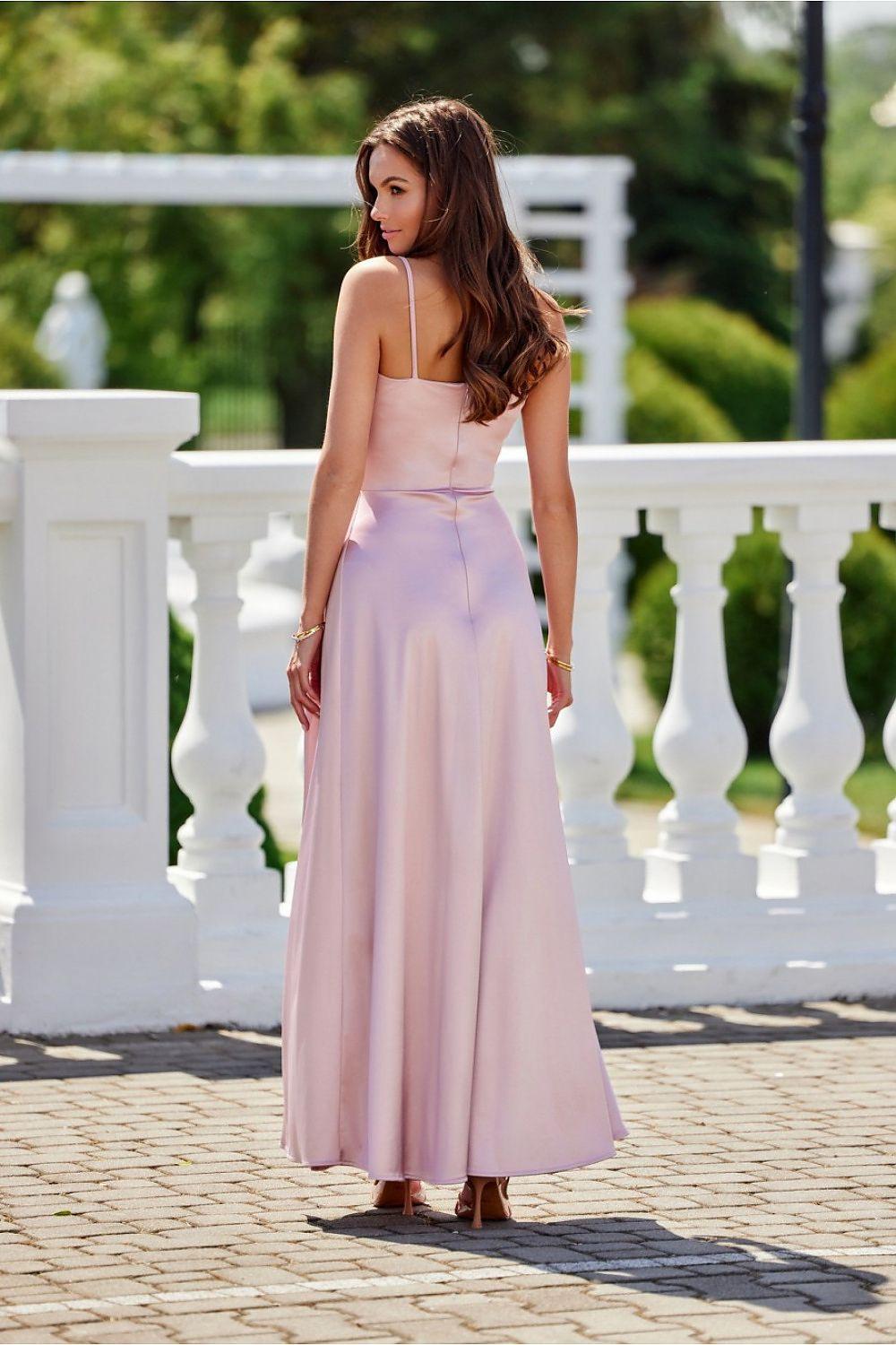 Light pink maxi dress with spaghetti straps, gathered waist and side slit