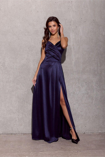 Navy blue satin long dress with V-neck, ruched waist, and thigh-high slit