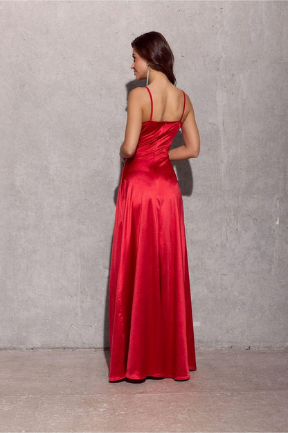 Red sleeveless long dress with V-back and side slit