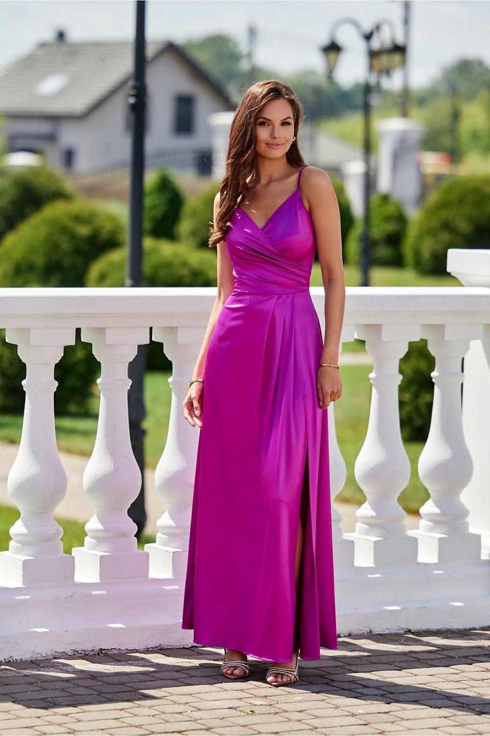 Magenta long dress with V-neck, ruched waist, sleeveless straps, and side slit
