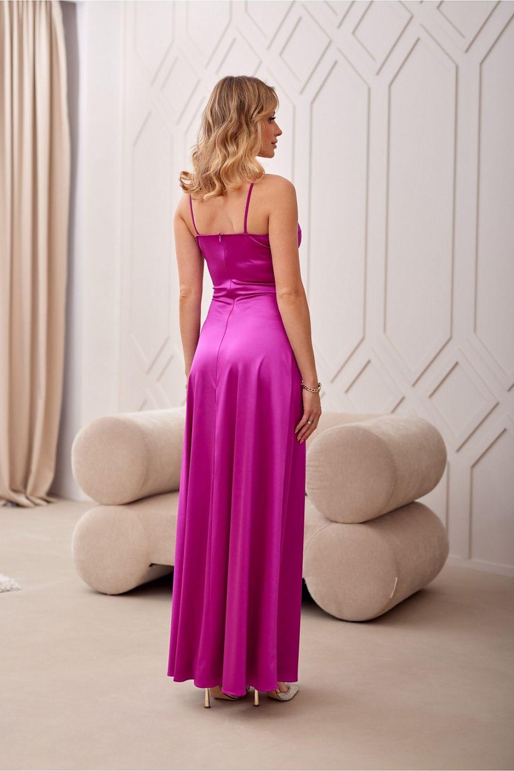 Magenta long dress with spaghetti straps, V-neck, fitted waist, and front slit