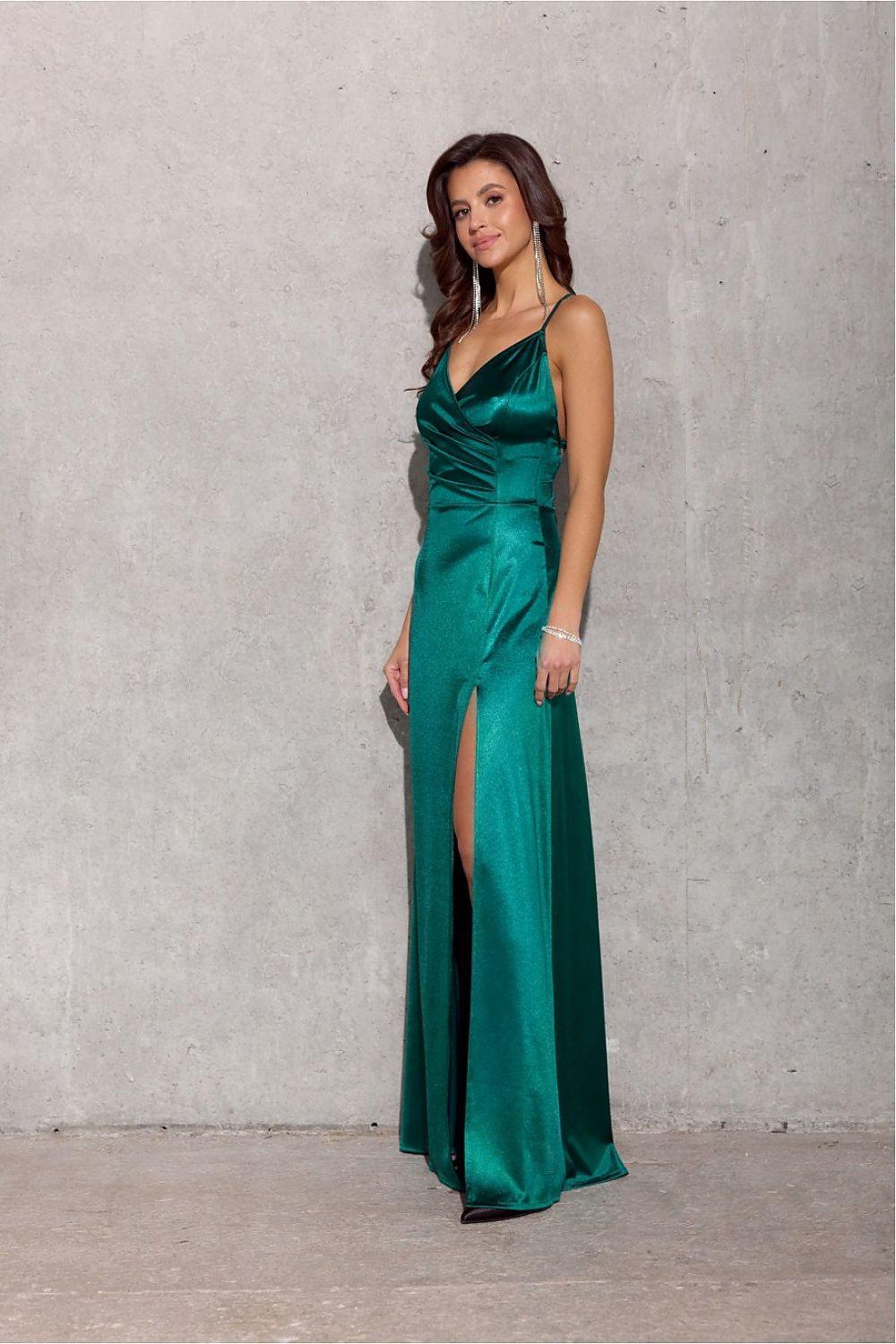 Roco Fashion long dress in deep teal, ruched waist, sleeveless with side slit