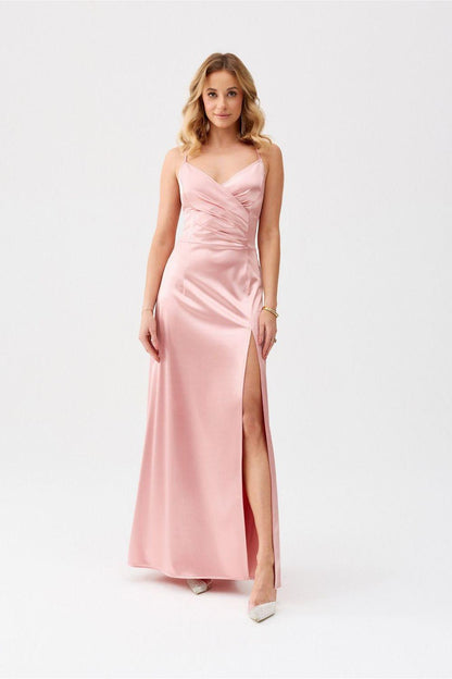 Roco Fashion long dress in pale pink, spaghetti straps, side slit