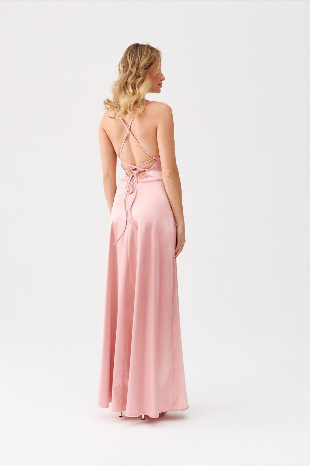 Roco Fashion long dress in pale pink, open back with crisscross straps