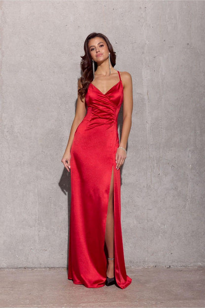 Red long dress with spaghetti straps, V neckline, ruched bodice, high side slit.