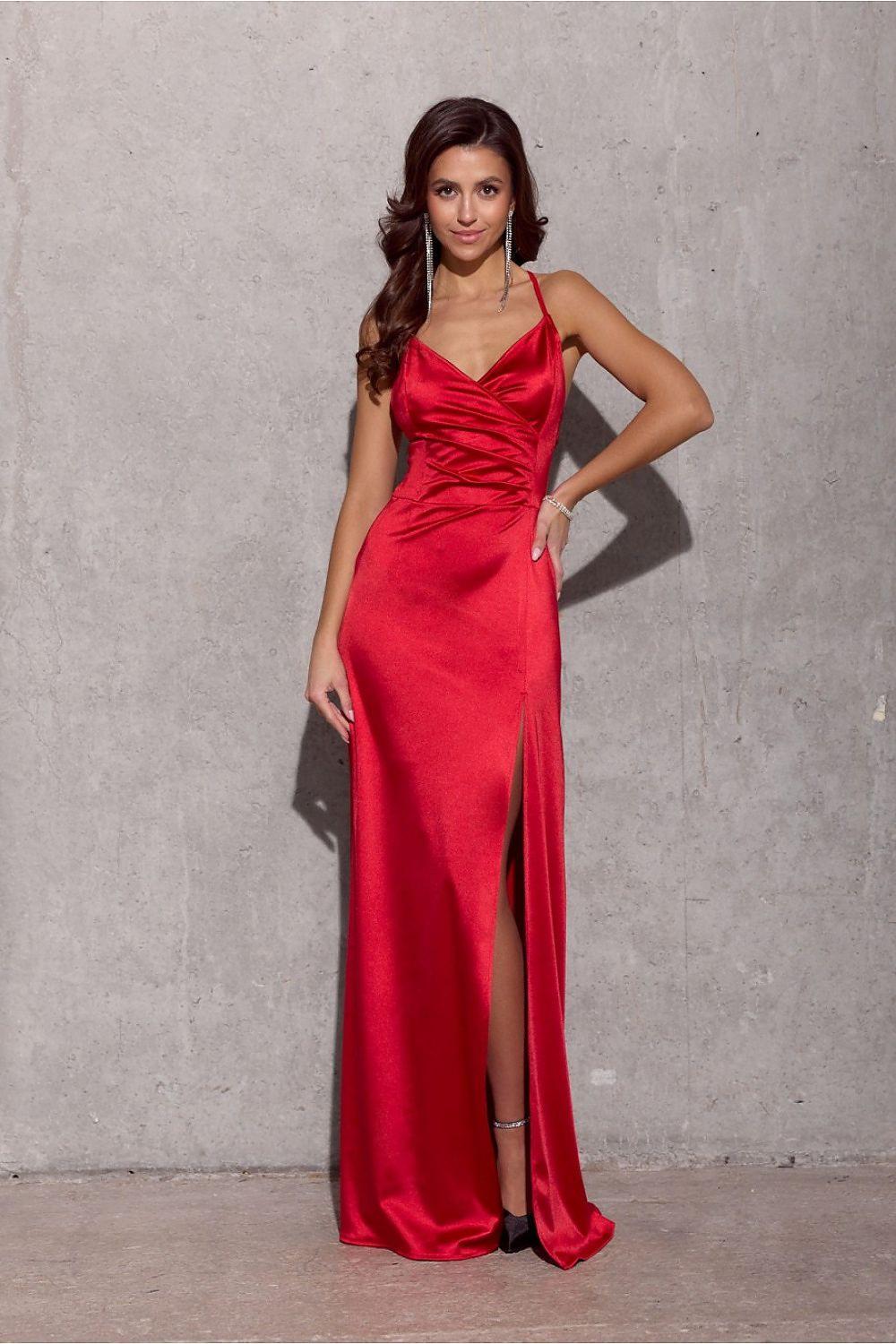 Red long dress with spaghetti straps, V neckline, ruched bodice, high side slit.