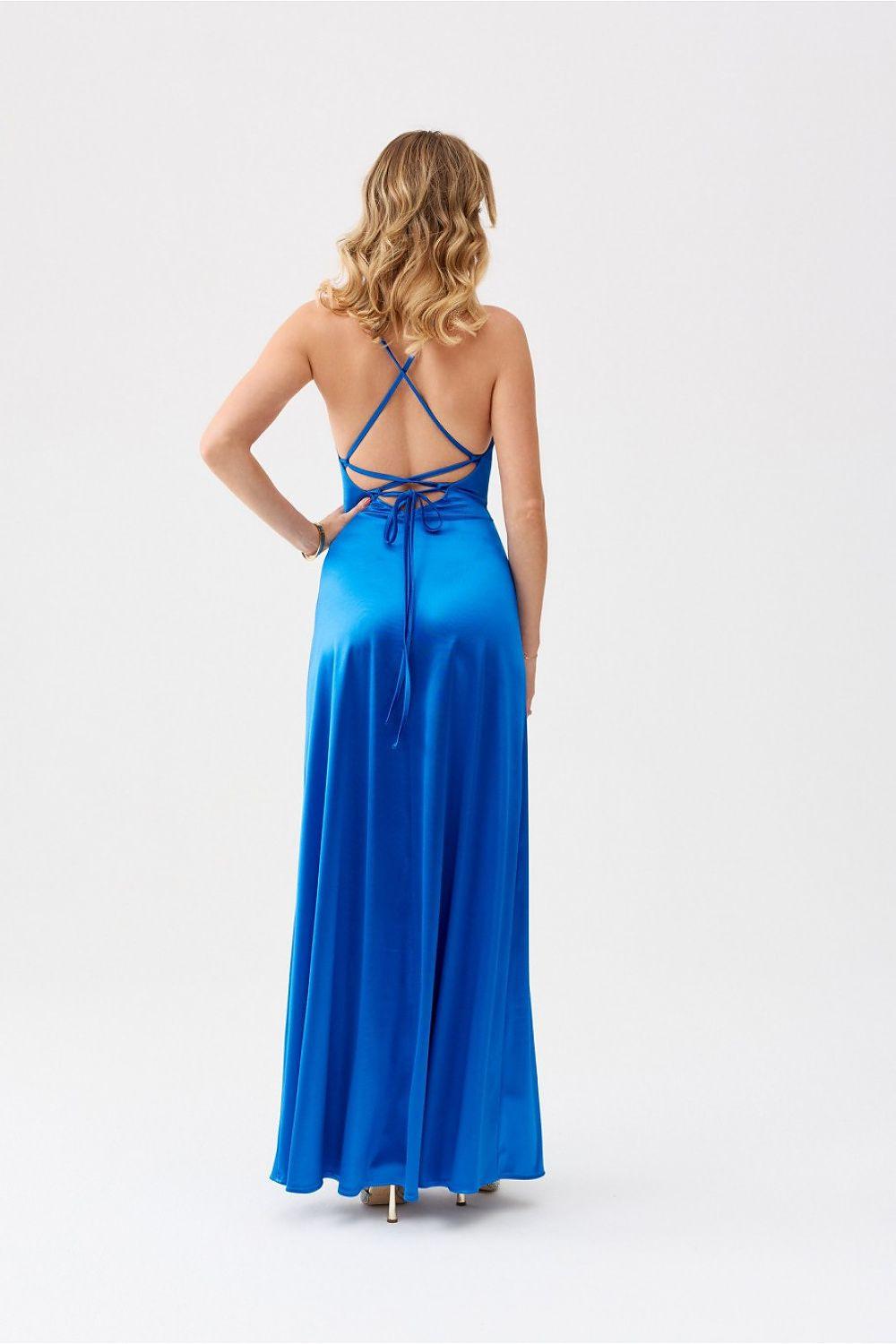 Blue open-back long dress with crisscross spaghetti straps and lace-up detail