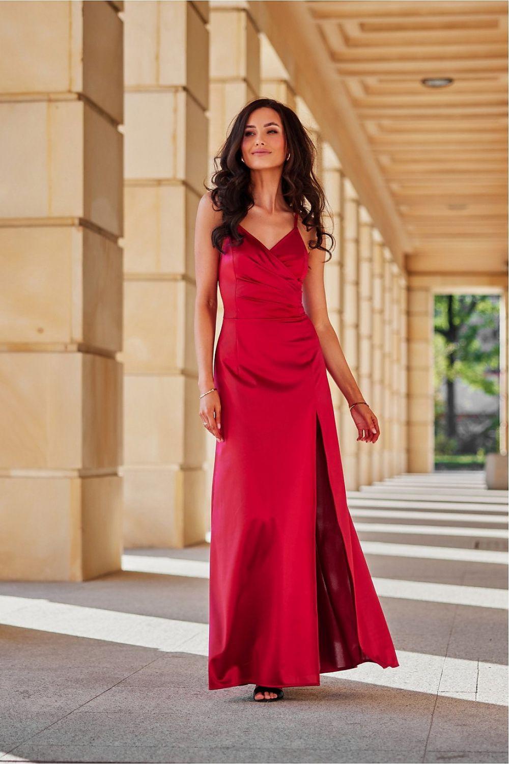 Red long satin slip dress with V-neck, fitted waist, and front thigh slit