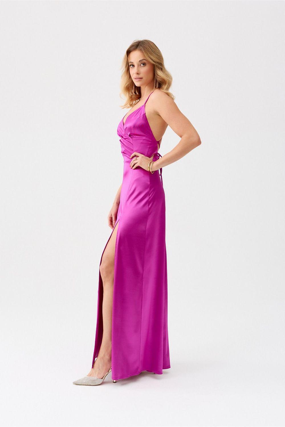 Long fuchsia satin evening dress with spaghetti straps and side slit