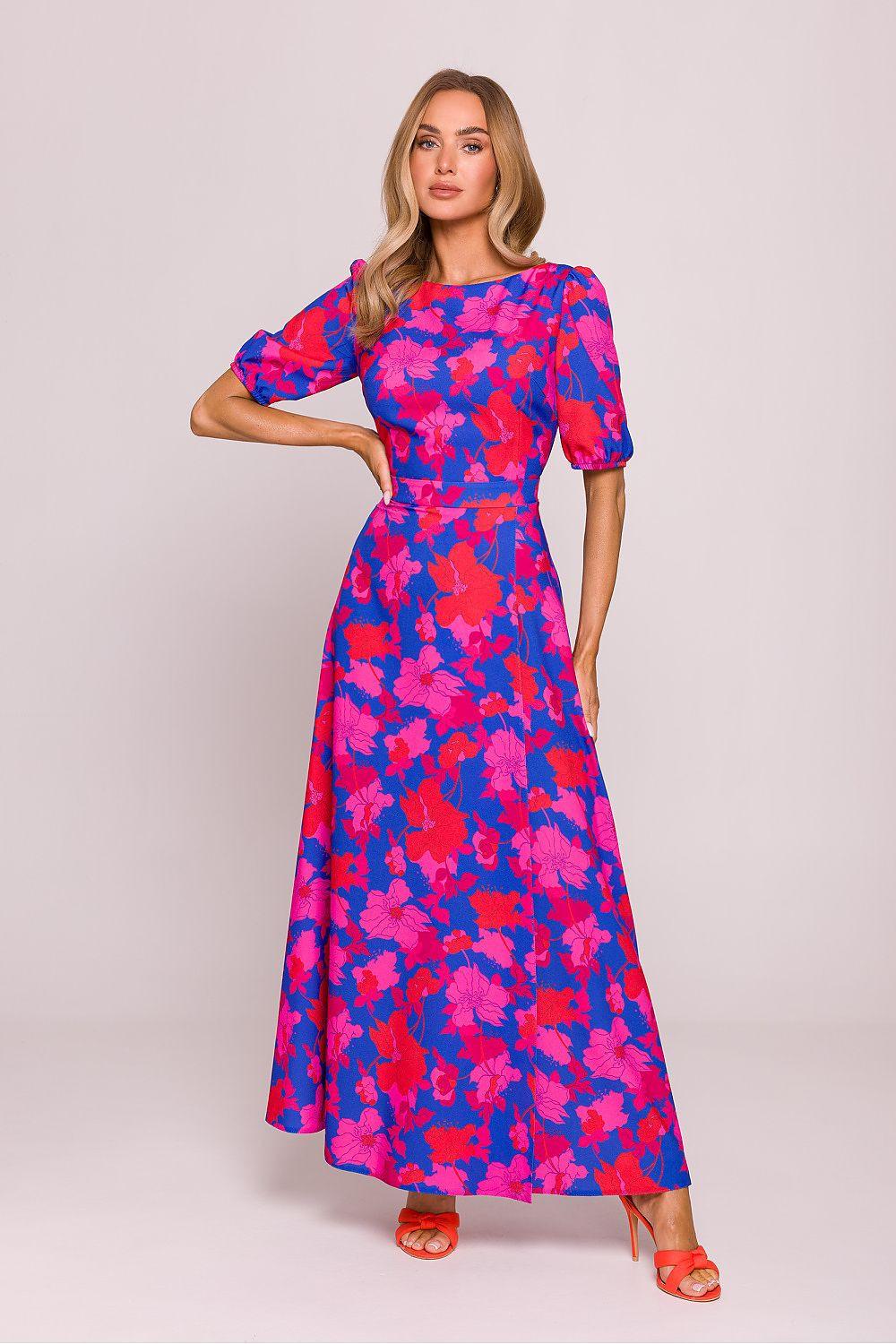 Moe day dress, blue with pink floral print, short puff sleeves and round neckline