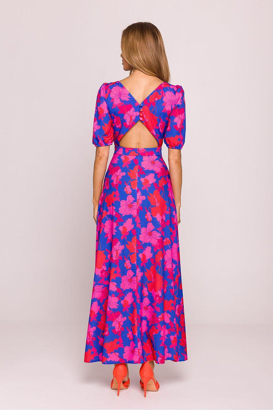 Floral day dress with puff sleeves, open back and blue with pink floral print