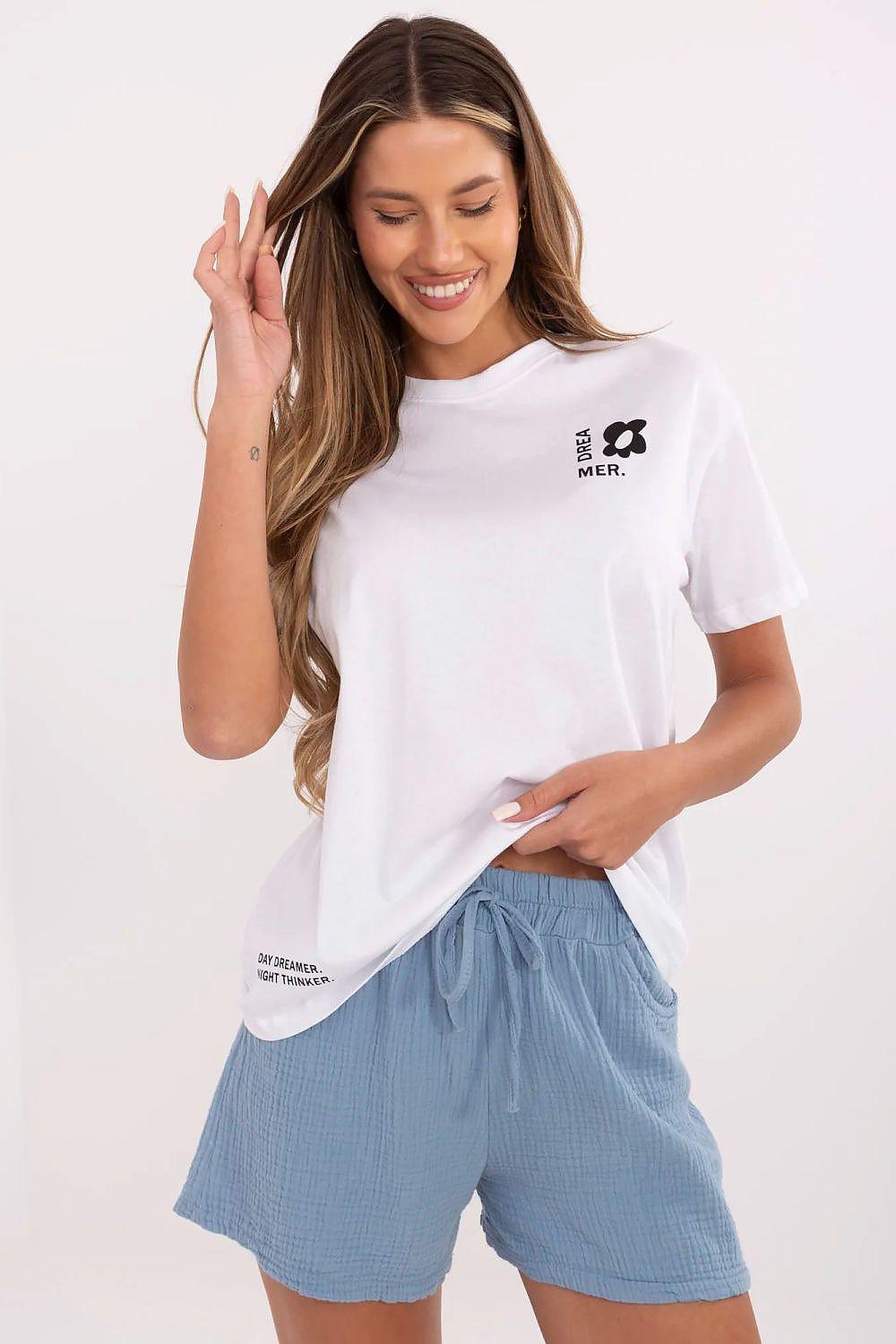 White women's cotton T-shirt with small chest logo print, crew neck, short sleeves