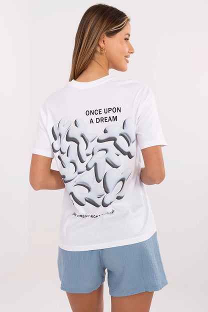 White women's cotton T-shirt with large back print: 'ONCE UPON A DREAM'