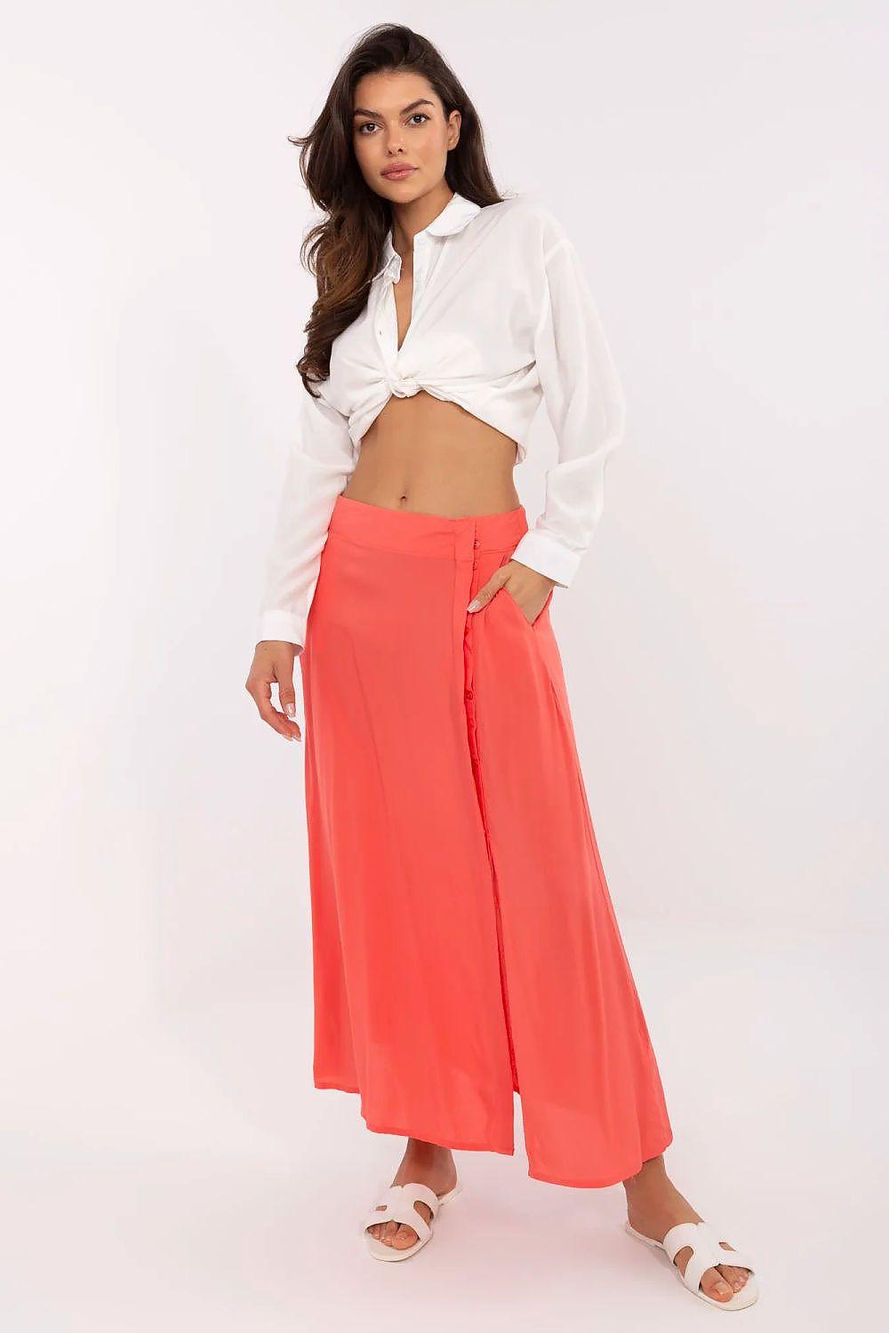 Coral pink maxi skirt with elastic waist and front side slit