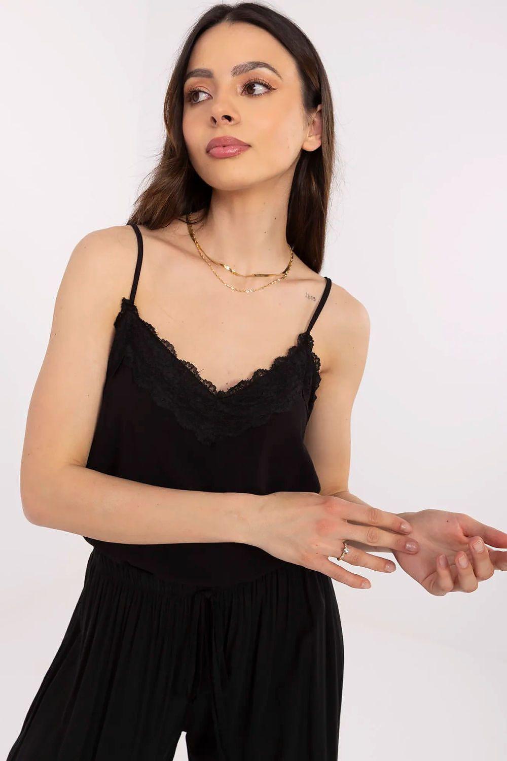 Black camisole top with lace trim and spaghetti straps