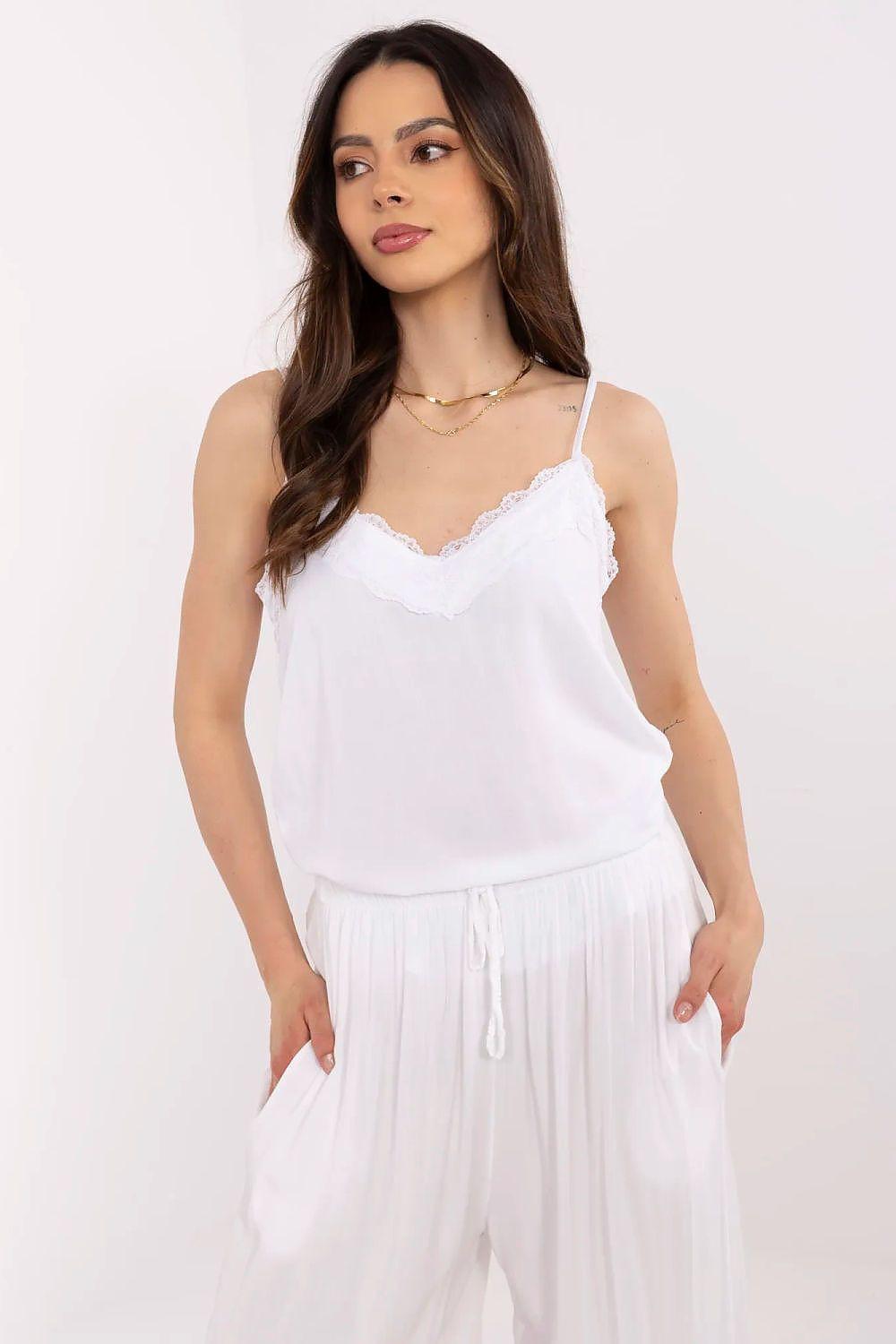 Women's white lace-trim cami top with spaghetti straps and scalloped lace neckline