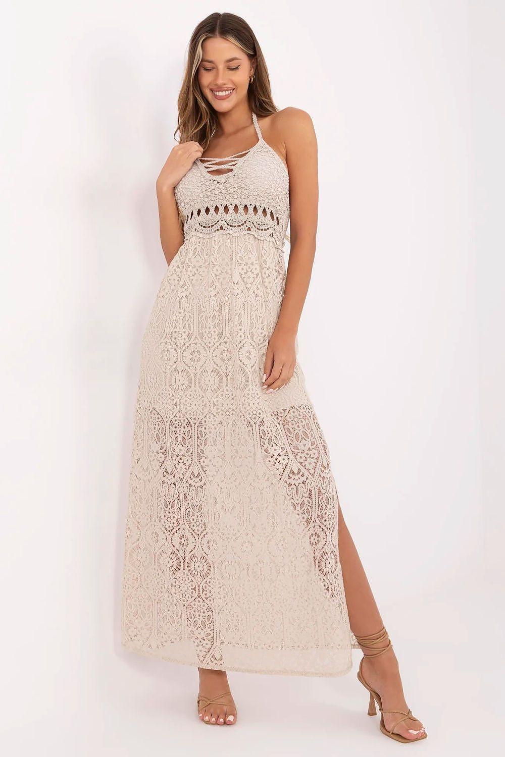 Beige lace daydress with spaghetti straps, open back, and vertical side slit