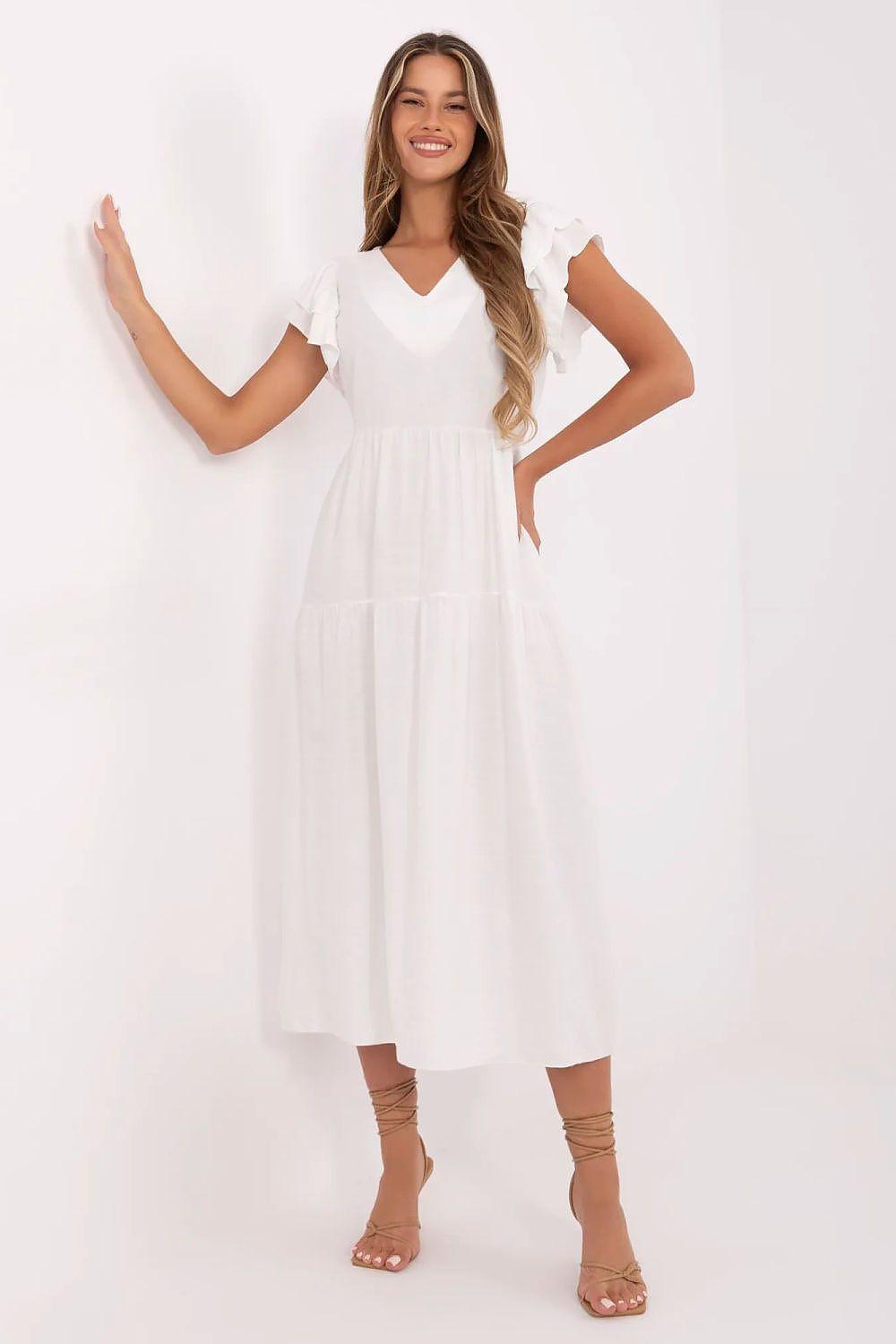 White tiered daydress with V-neck and short ruffled sleeves, midi length