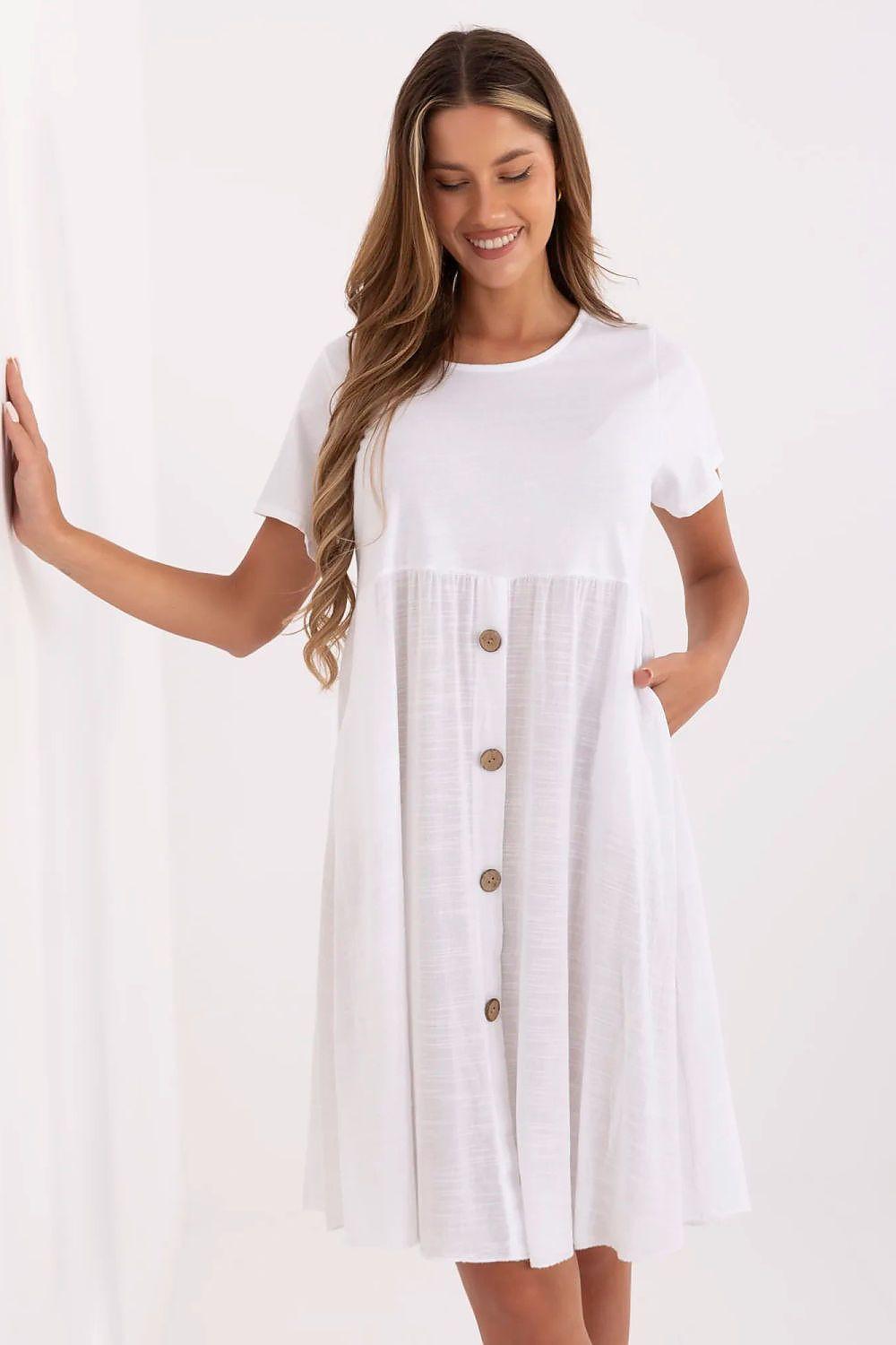 White cotton daydress with round neckline, short sleeves, button front and flared skirt