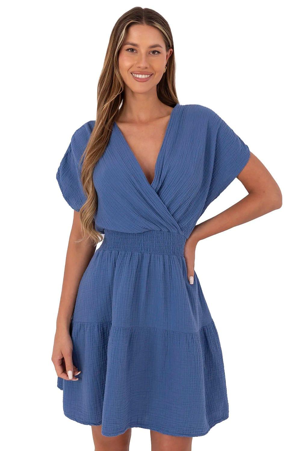 Blue V-neck wrap daydress with short sleeves and tiered, gathered skirt