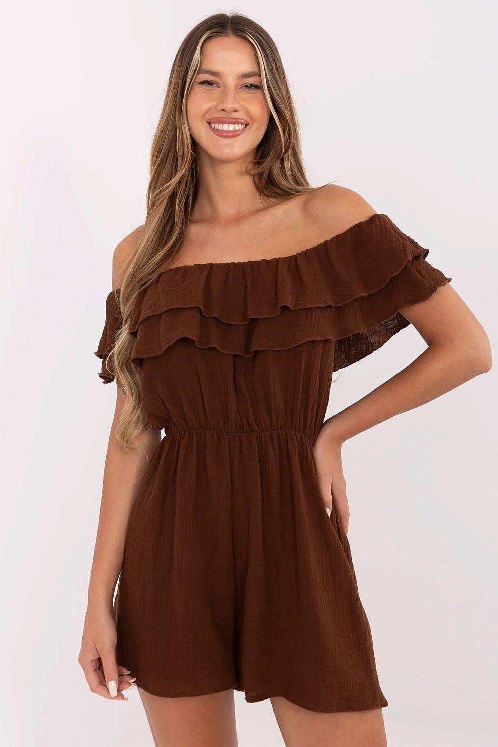 Brown muslin off-shoulder ruffle jumpsuit with tiered neckline and short legs