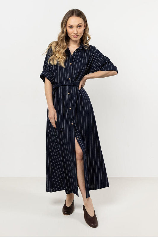 Navy striped daydress with shirt collar, button front and side slit