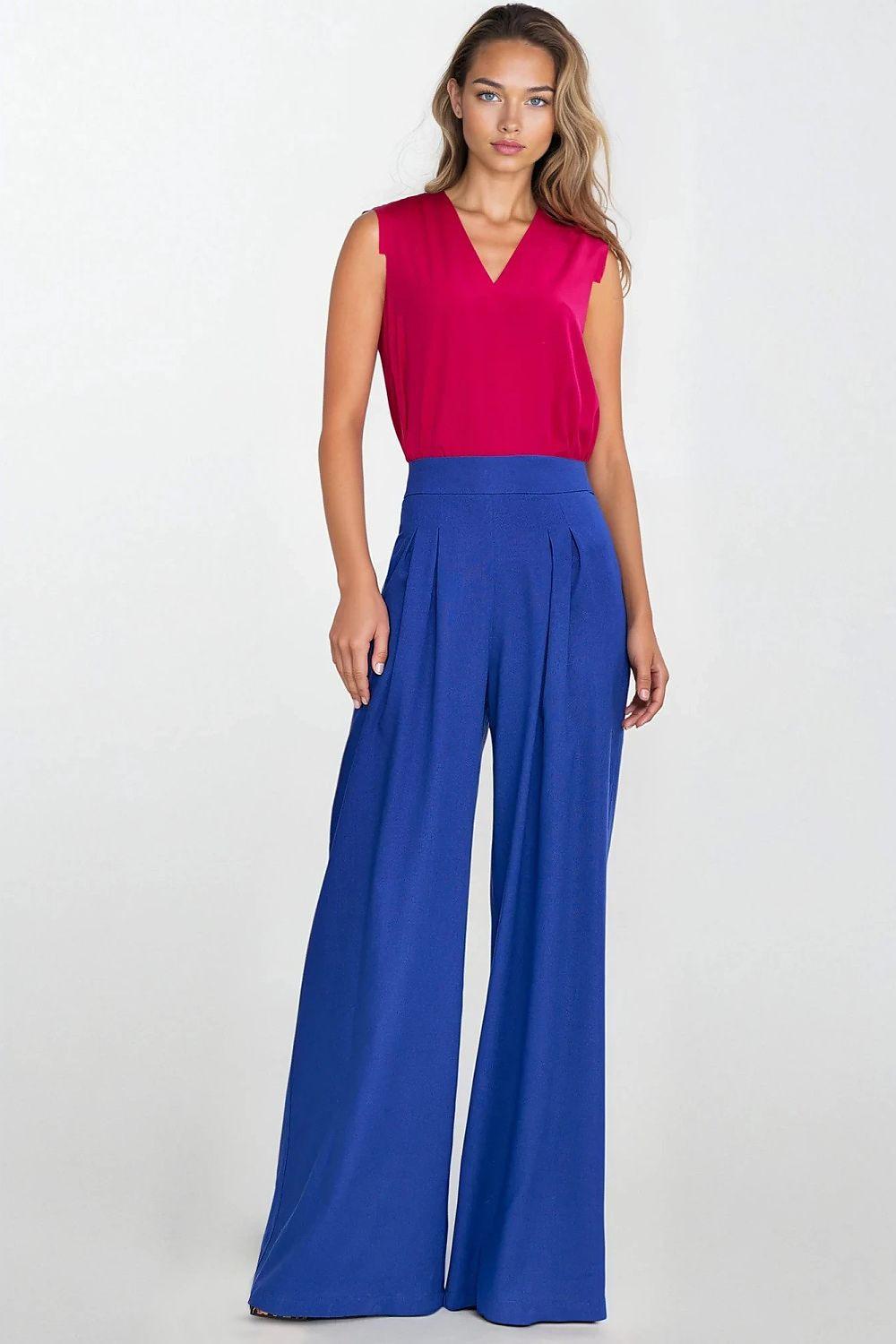High-waist blue palazzo trousers in linen blend, wide-leg draped fit