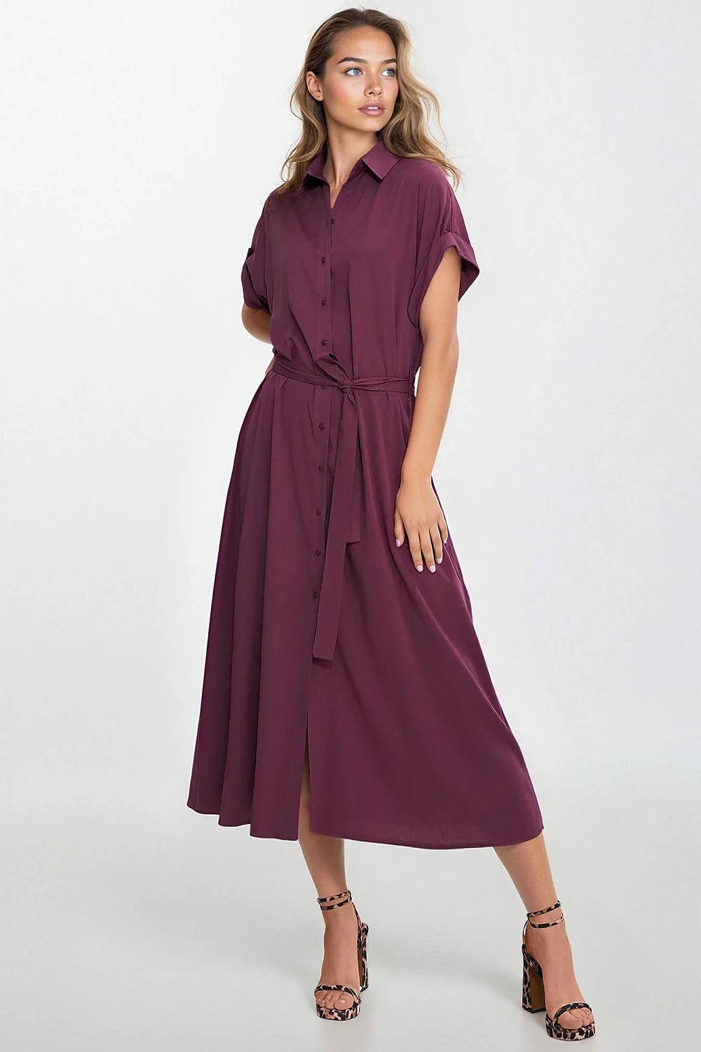 Violet linen daydress with short sleeves, collared button front, and tied waist belt.