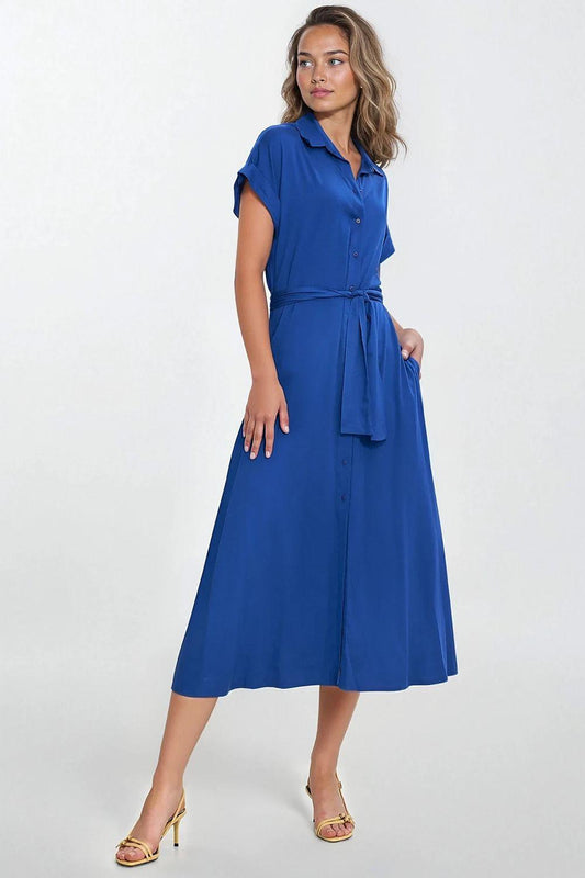 Nife daydress in royal blue, short sleeves, button front, waist tie belt, full skirt