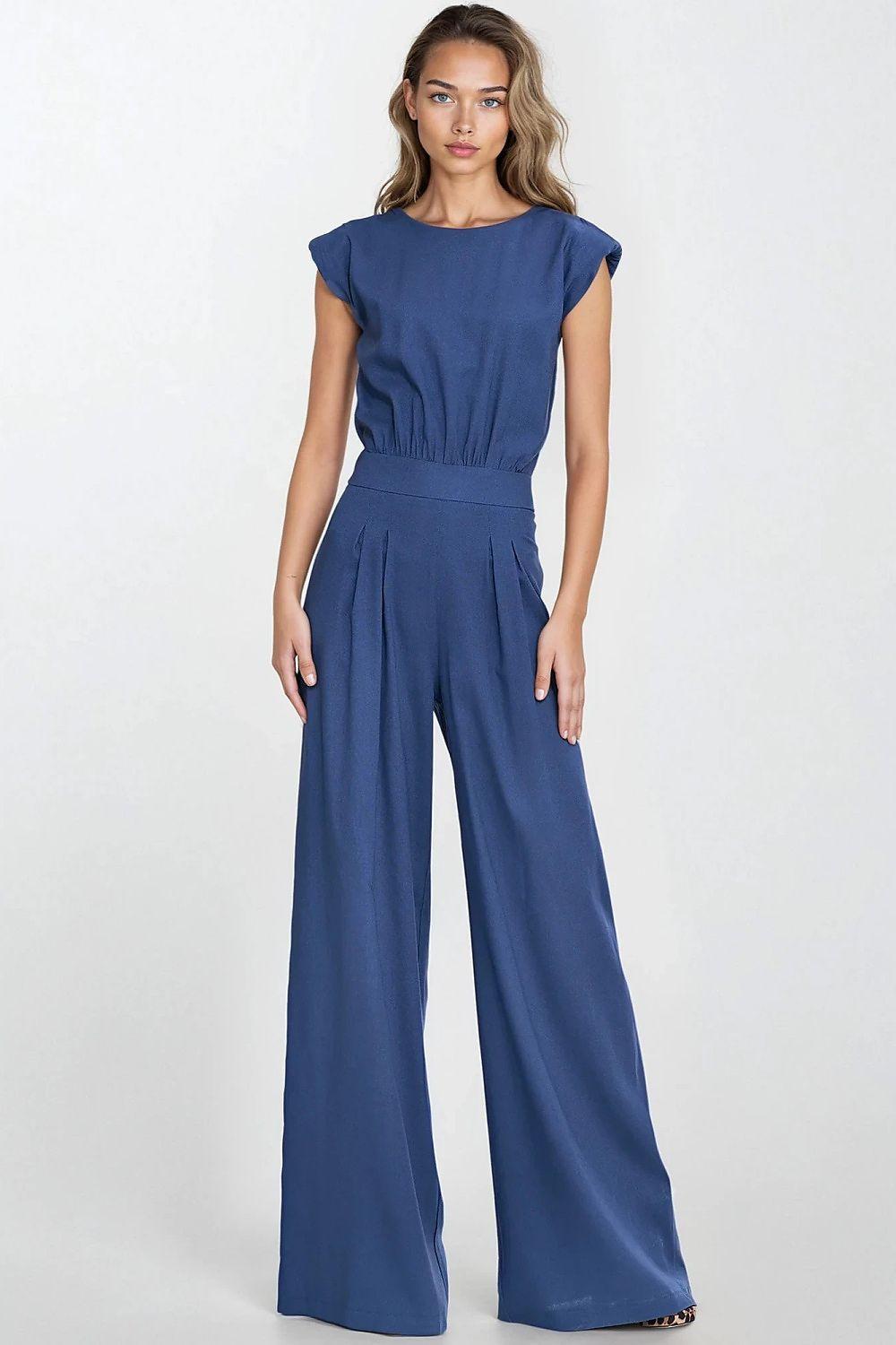 Blue linen-texture jumpsuit with cap sleeves, elastic waist, wide-leg palazzo