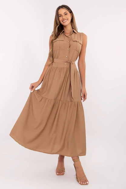 Brown sleeveless tiered maxi daydress with tie waist and button front
