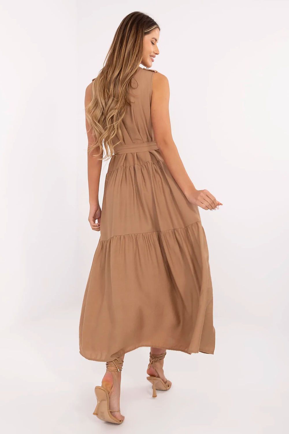 Brown sleeveless tiered maxi daydress with tie waist, back view