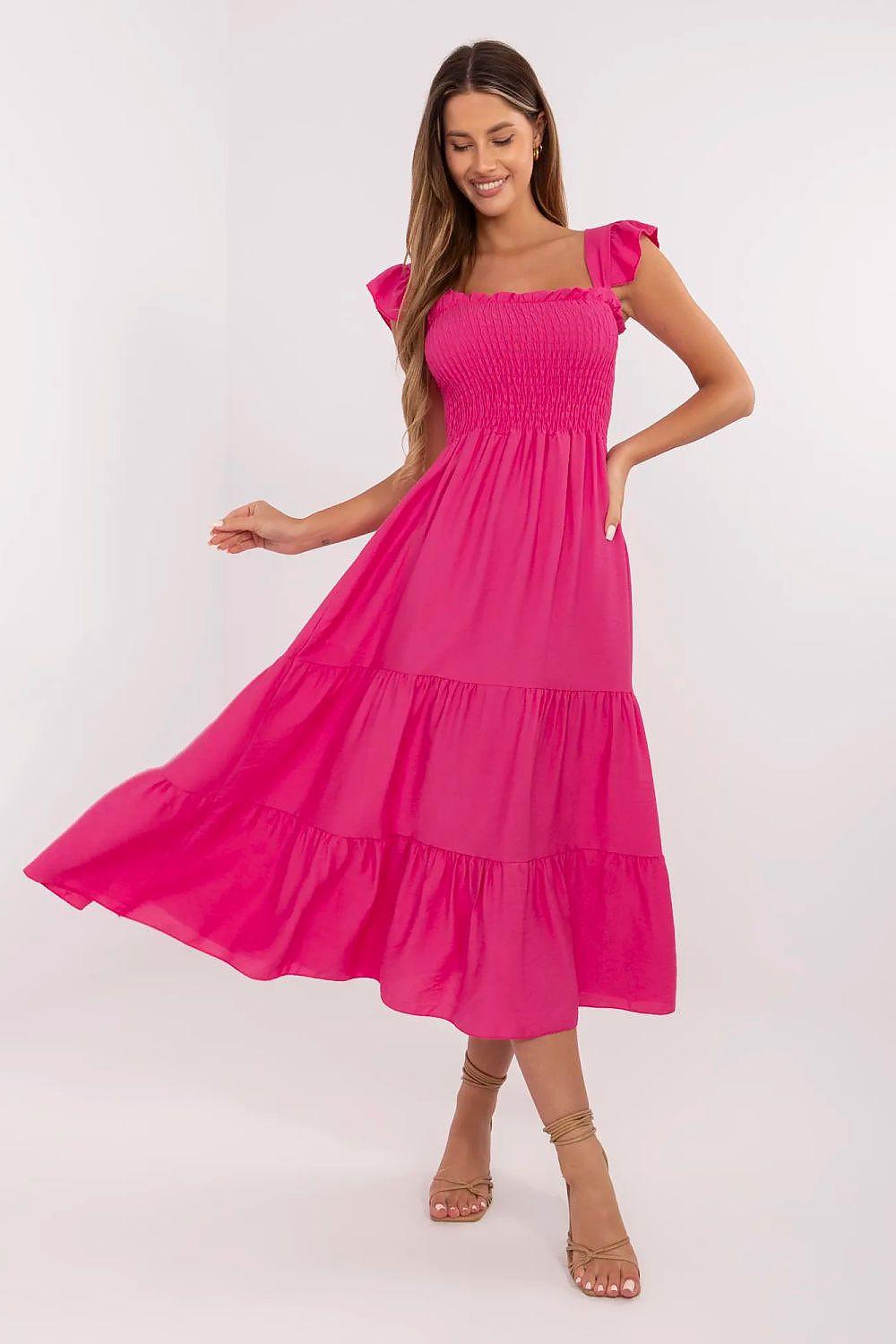 Pink tiered midi daydress with square neckline and ruffled puff sleeves