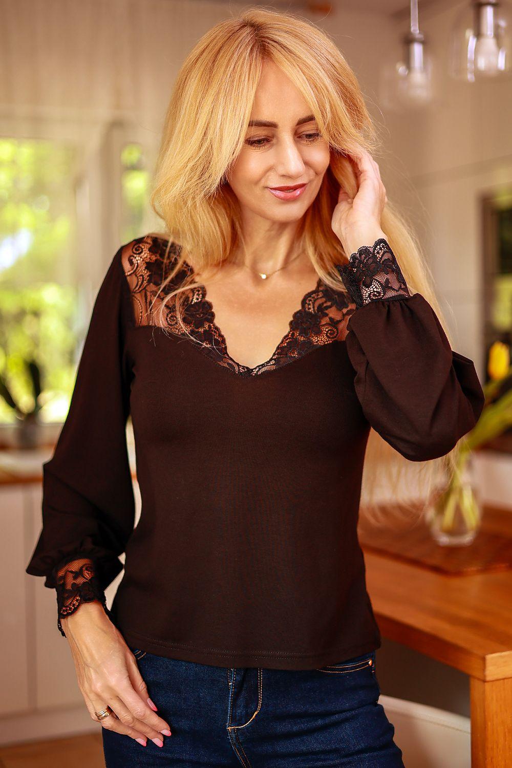 Black lace-trim blouse with V neckline and long puff sleeves