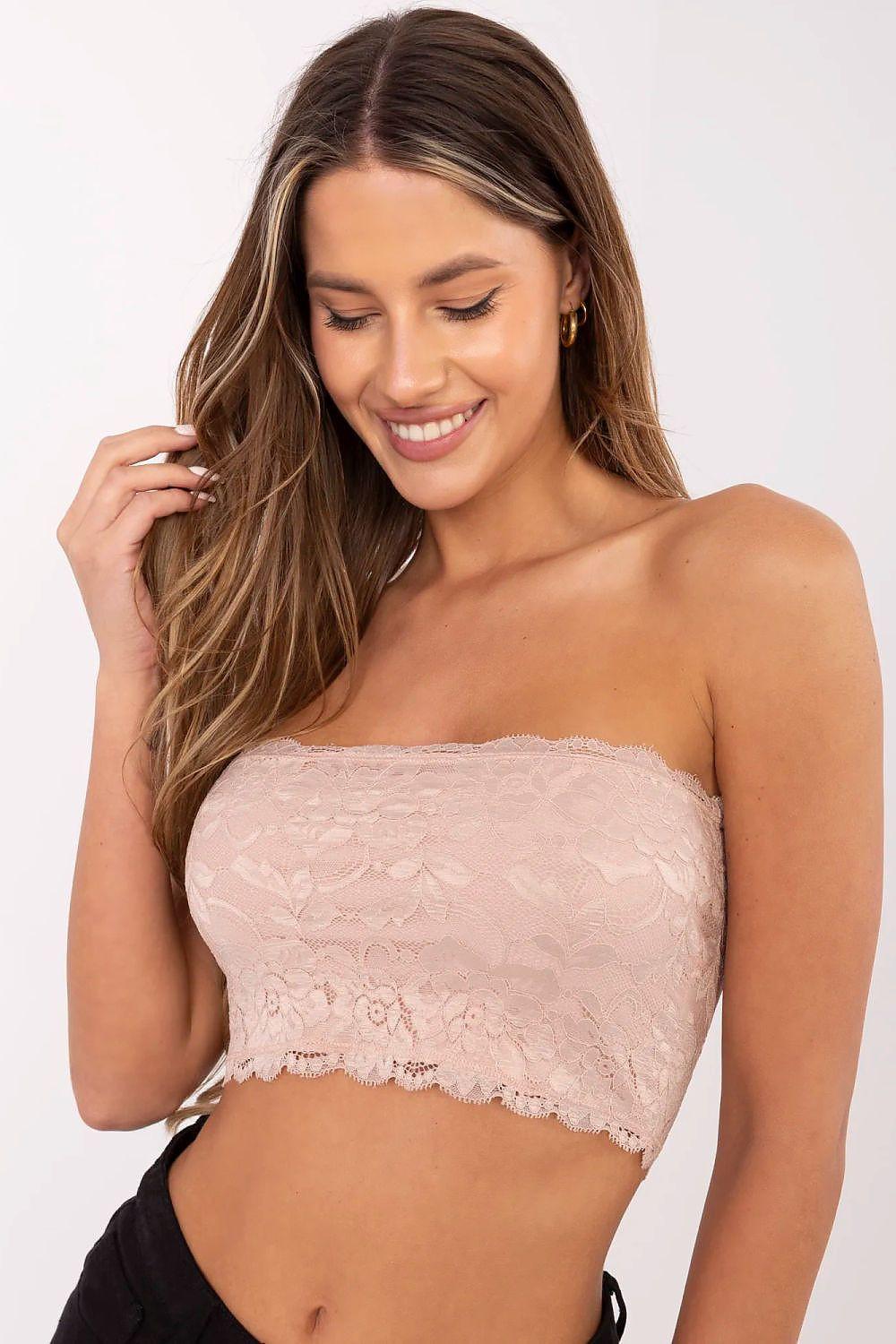 Pink lace bandeau top with scalloped trim and strapless bandeau fit