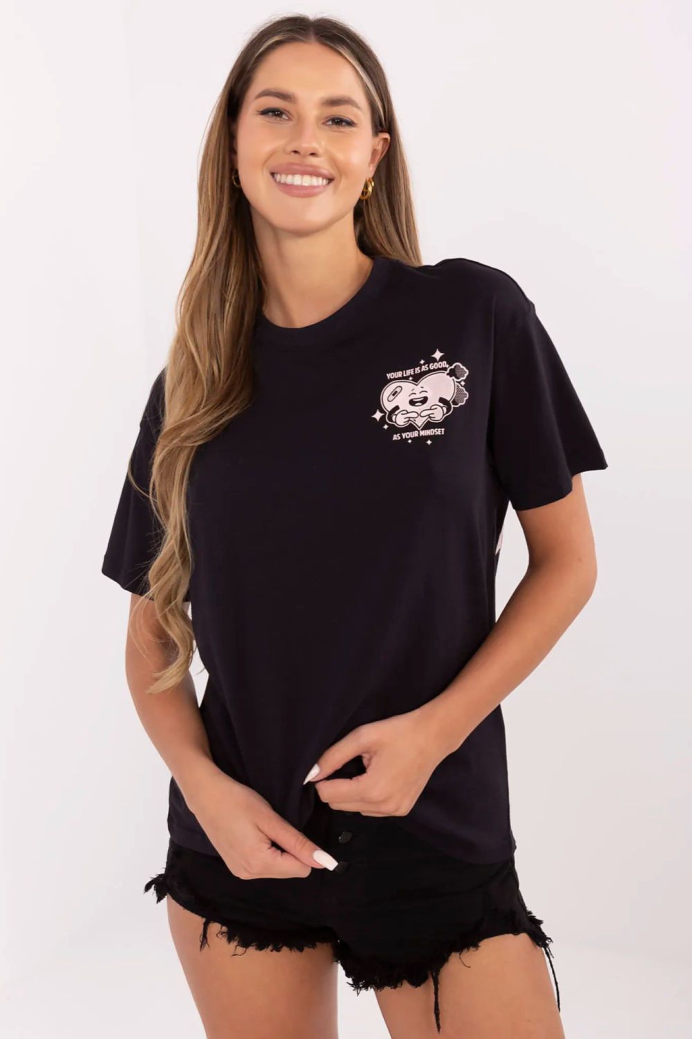 Women’s dark cotton T-shirt with small chest motivational graphic