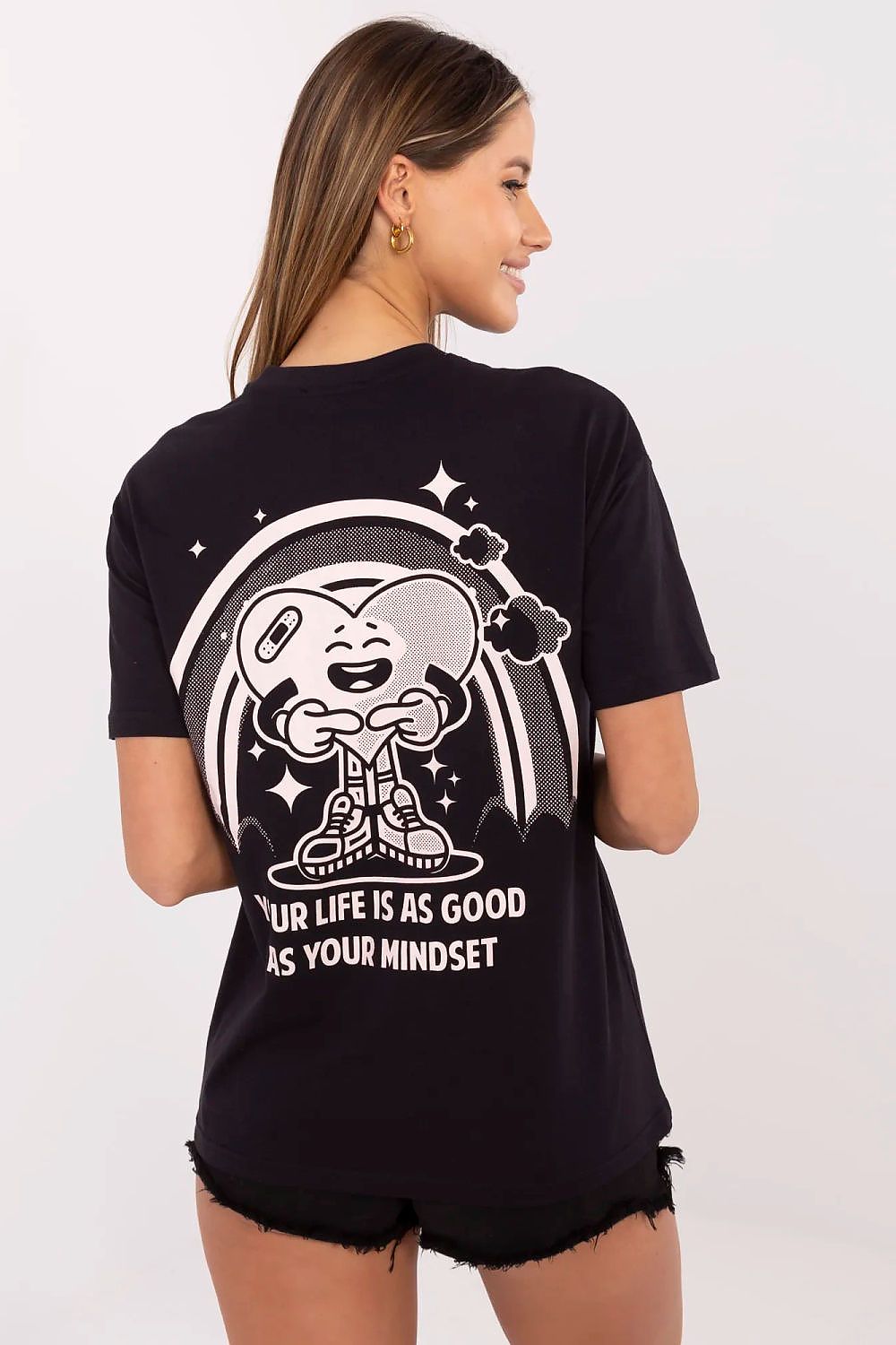 Women’s dark cotton T-shirt, large back astronaut-style motivational print
