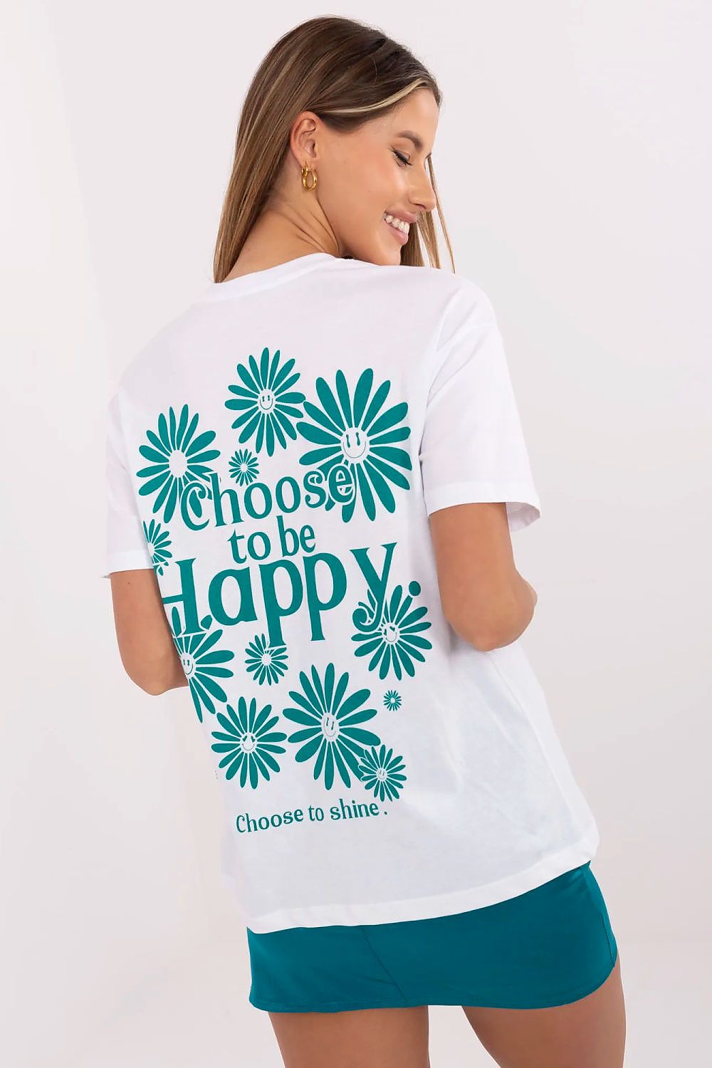 Women’s white cotton T-shirt with large green floral “Choose to be happy” print
