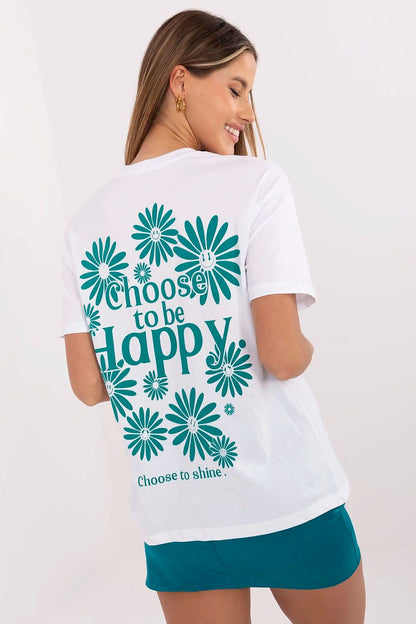 Women’s white cotton T-shirt with large green floral “Choose to be happy” print