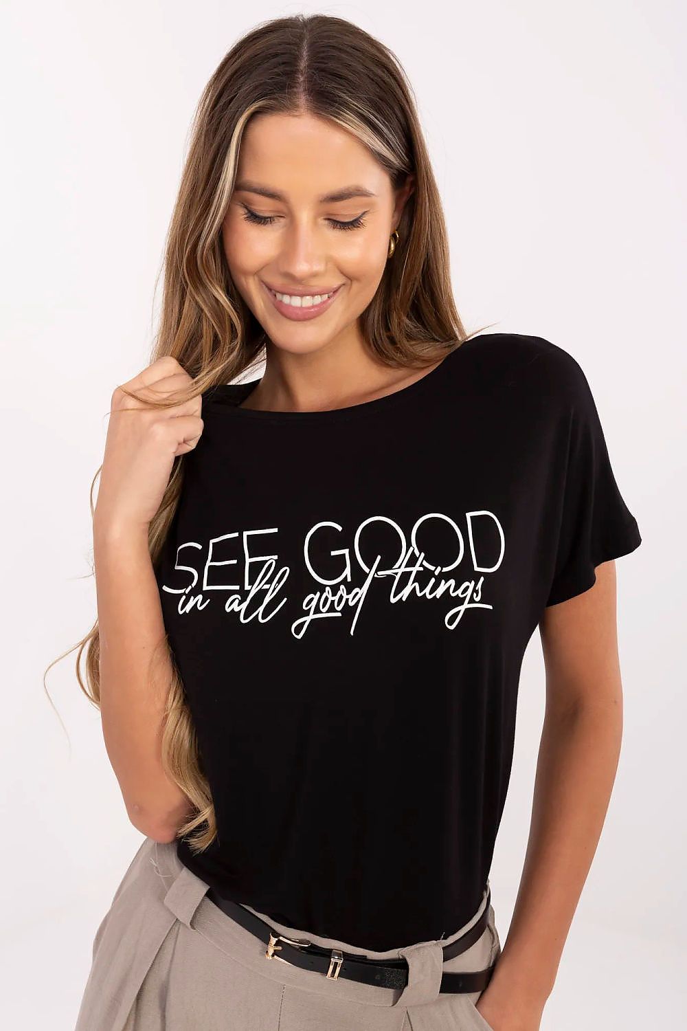 Black women's t-shirt with front slogan graphic print