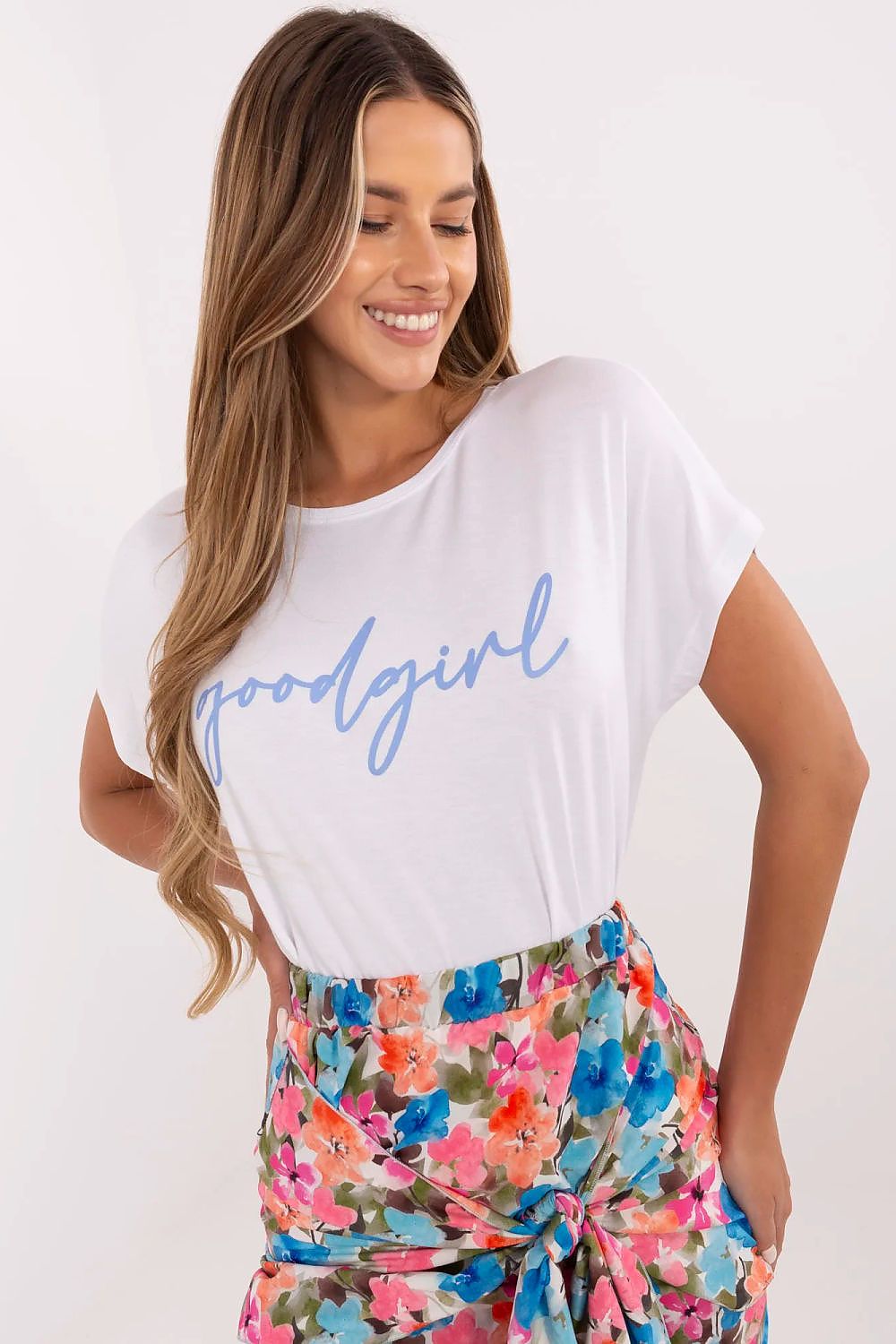 White women's t-shirt with front slogan graphic print