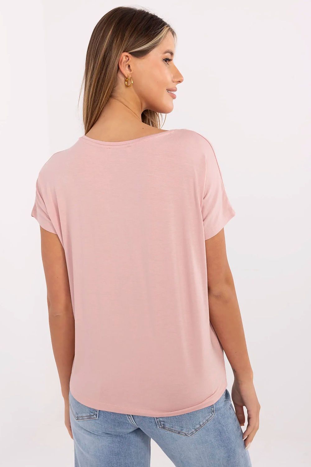 Women's pink T-shirt with round neck and short sleeves, back view