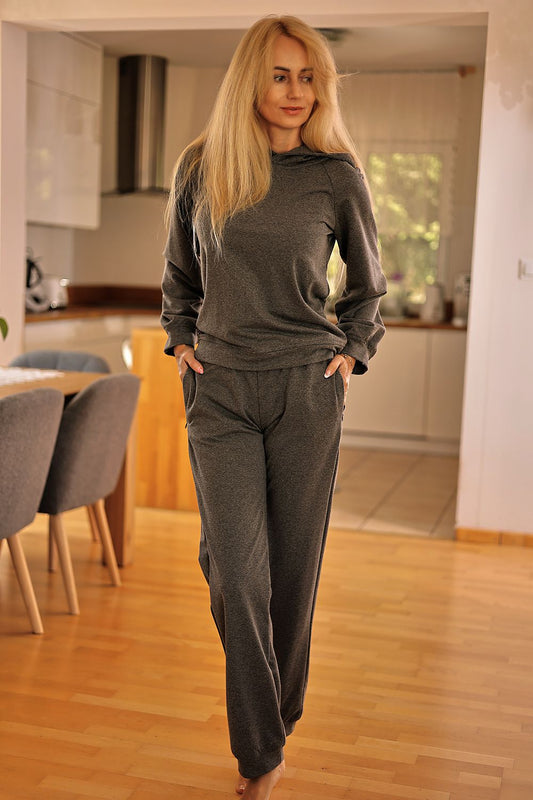Women's grey cotton lounge set with hooded top and matching jogger pants