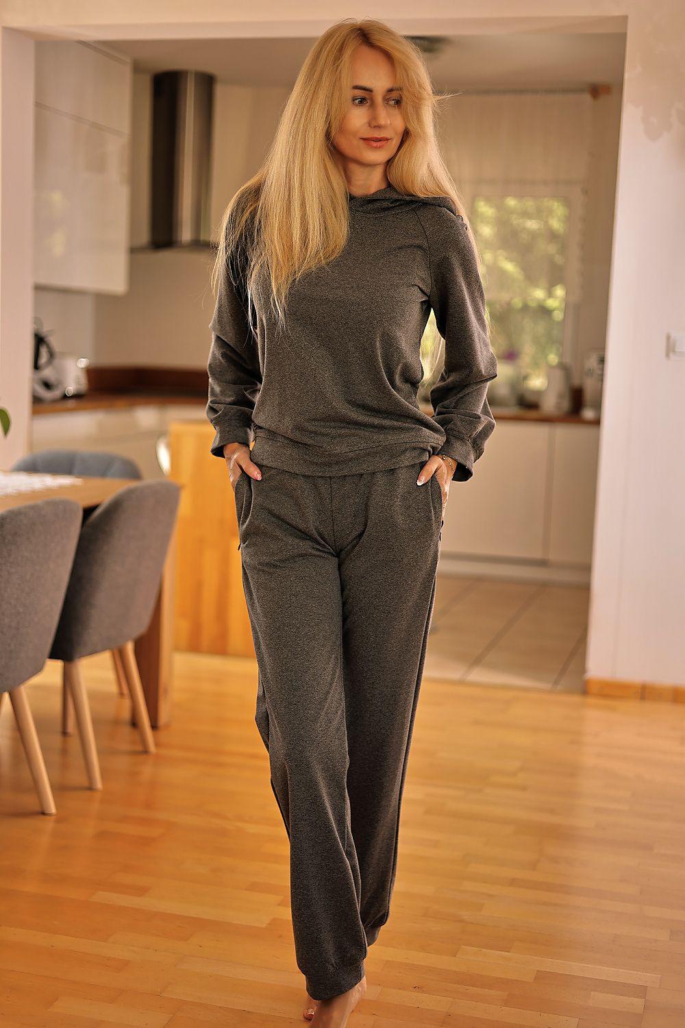 Grey two-piece lounge set with hooded sweatshirt and jogger pants