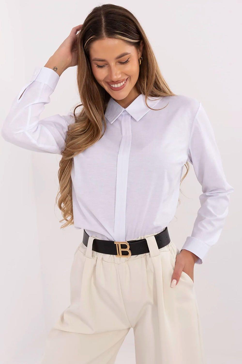 White button-front blouse with point collar and long sleeves