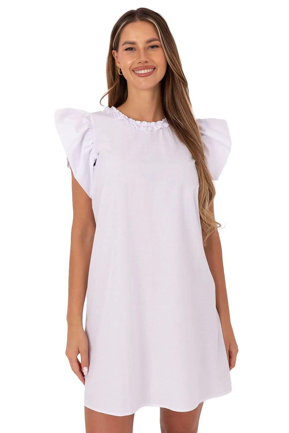 Lakerta daydress in white cotton with ruffle sleeves and round neckline