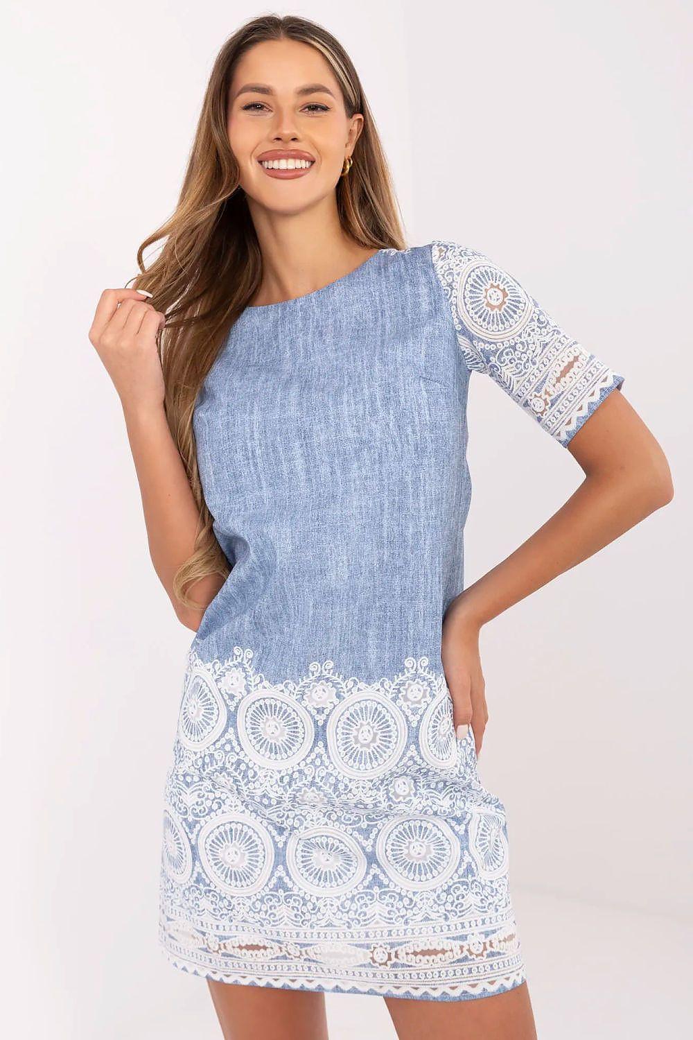 Blue linen daydress with embroidered lace trim at hem and sleeves