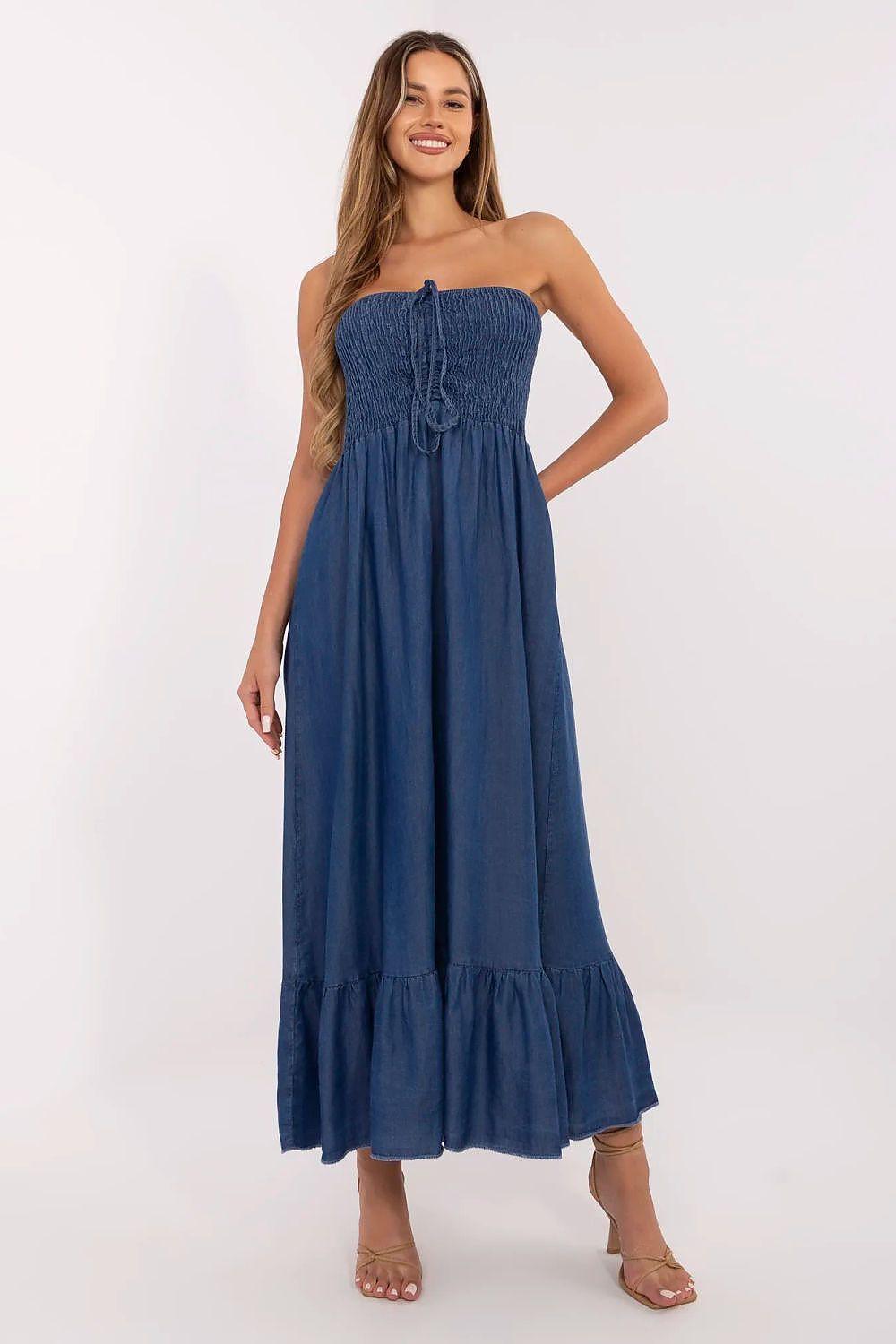 Blue strapless maxi daydress with smocked bodice and tiered ruffle hem, sleeveless